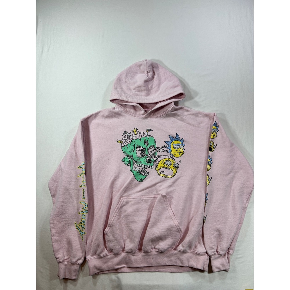 Rick and Morty Pink Graphic Hoodie Sweatshirt Mens Medium Trippy Skull Print